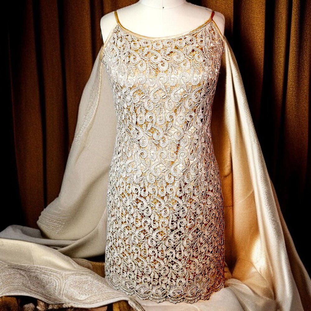 Gold Lace Overlay sheath silhouette Cocktail Dress